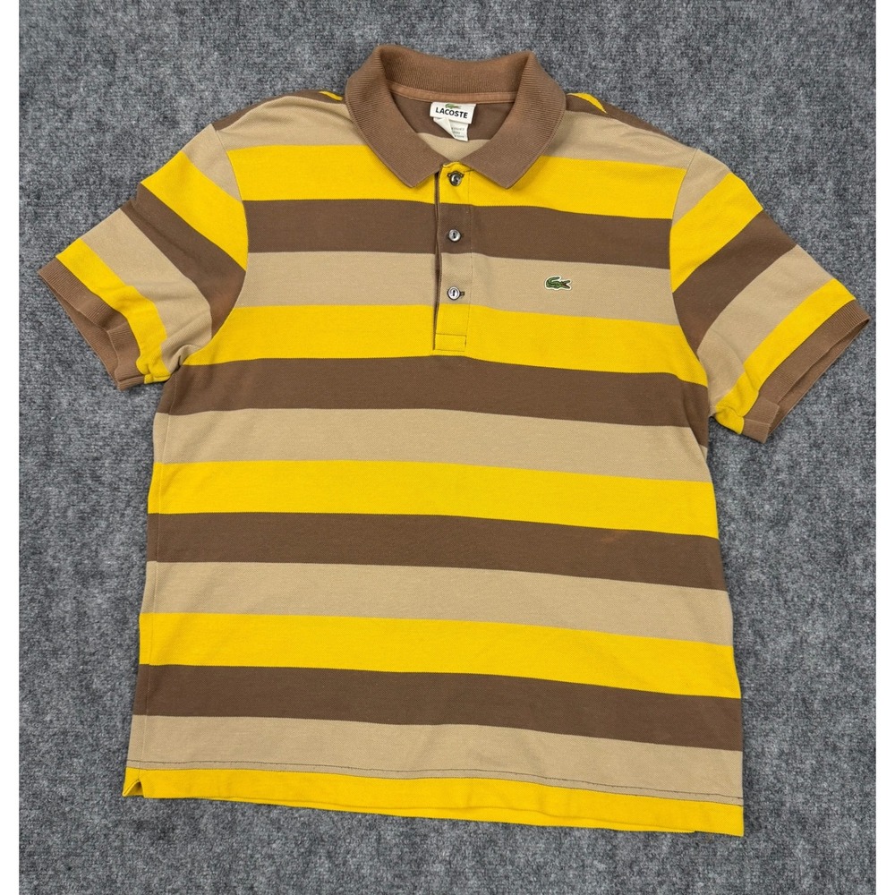 Lacoste Mens Striped Polo Shirt Yellow Brown Tan Size 5 Large Short Sleeve Pique